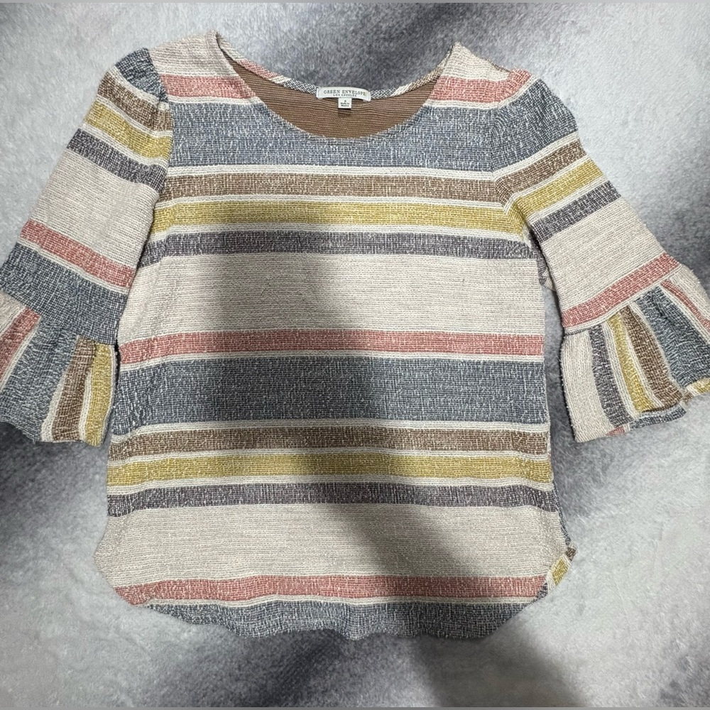 Green Envelope Beige Pastel Striped Knit Top Blouse Sweater Small S‎